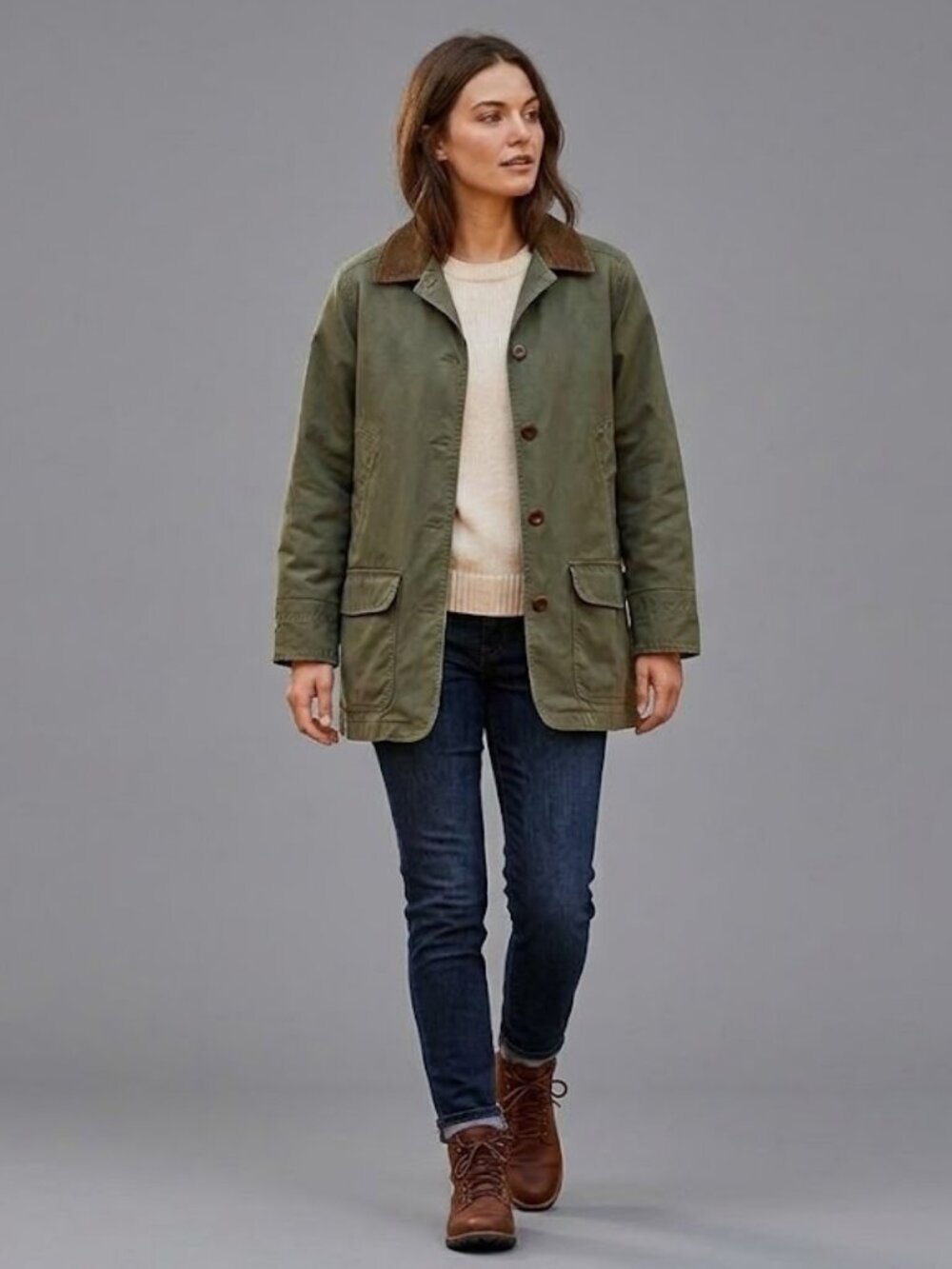 Vintage L.L. Bean Olive Green Barn Jacket Women’s with Brown Corduroy Collar
